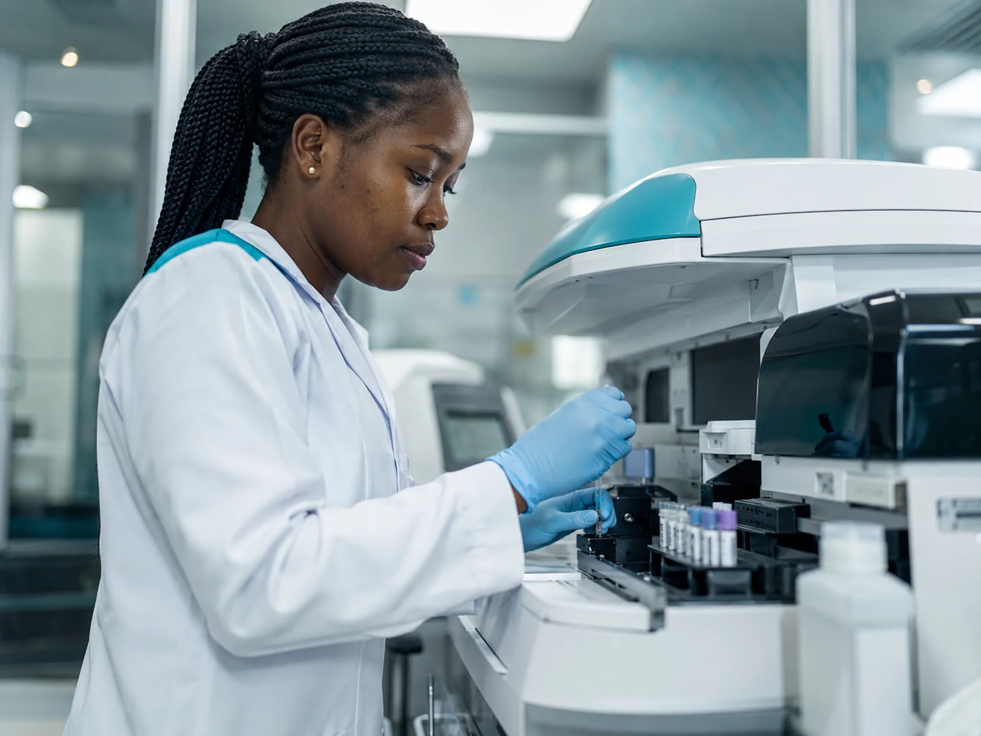 Life Centre laboratory scientist working with diagnostic equipment