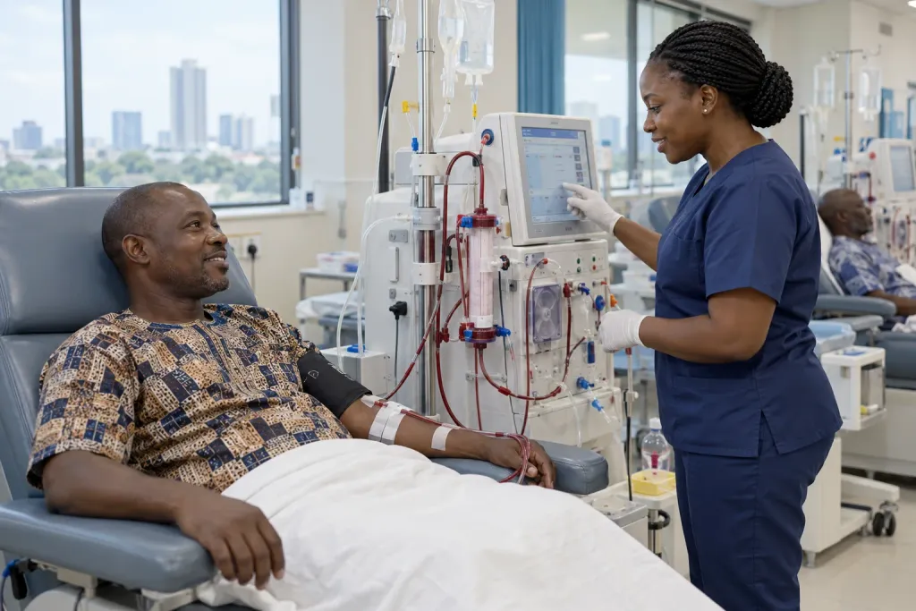A clinician speaking with a patient during haemodialysis